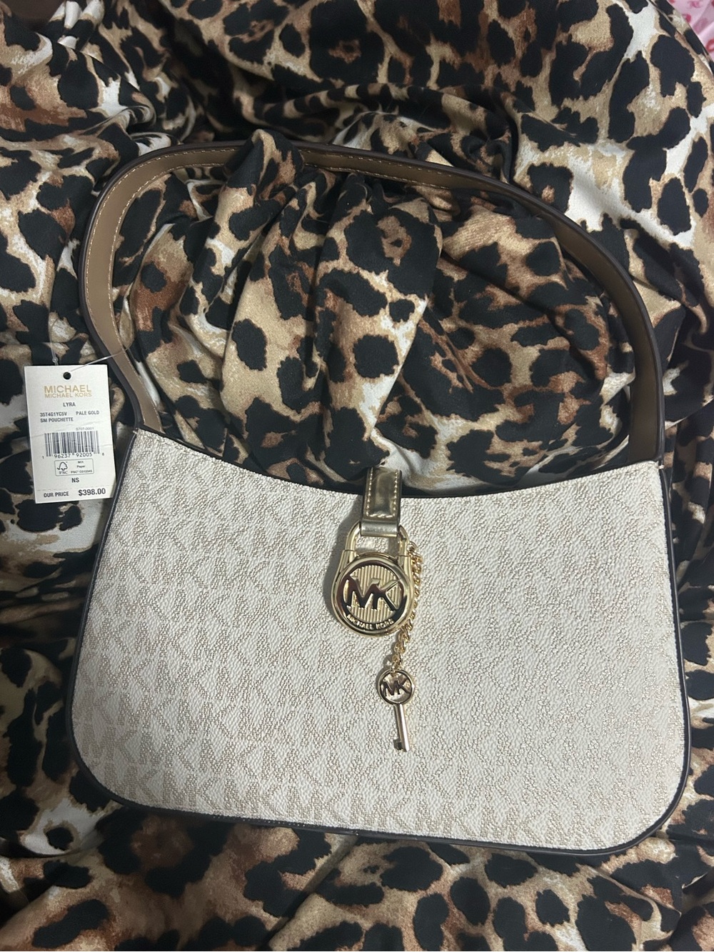 Michael Kors Cream Logo Shoulder Bag with Brown Trim and Gold Hardware Lyra bag